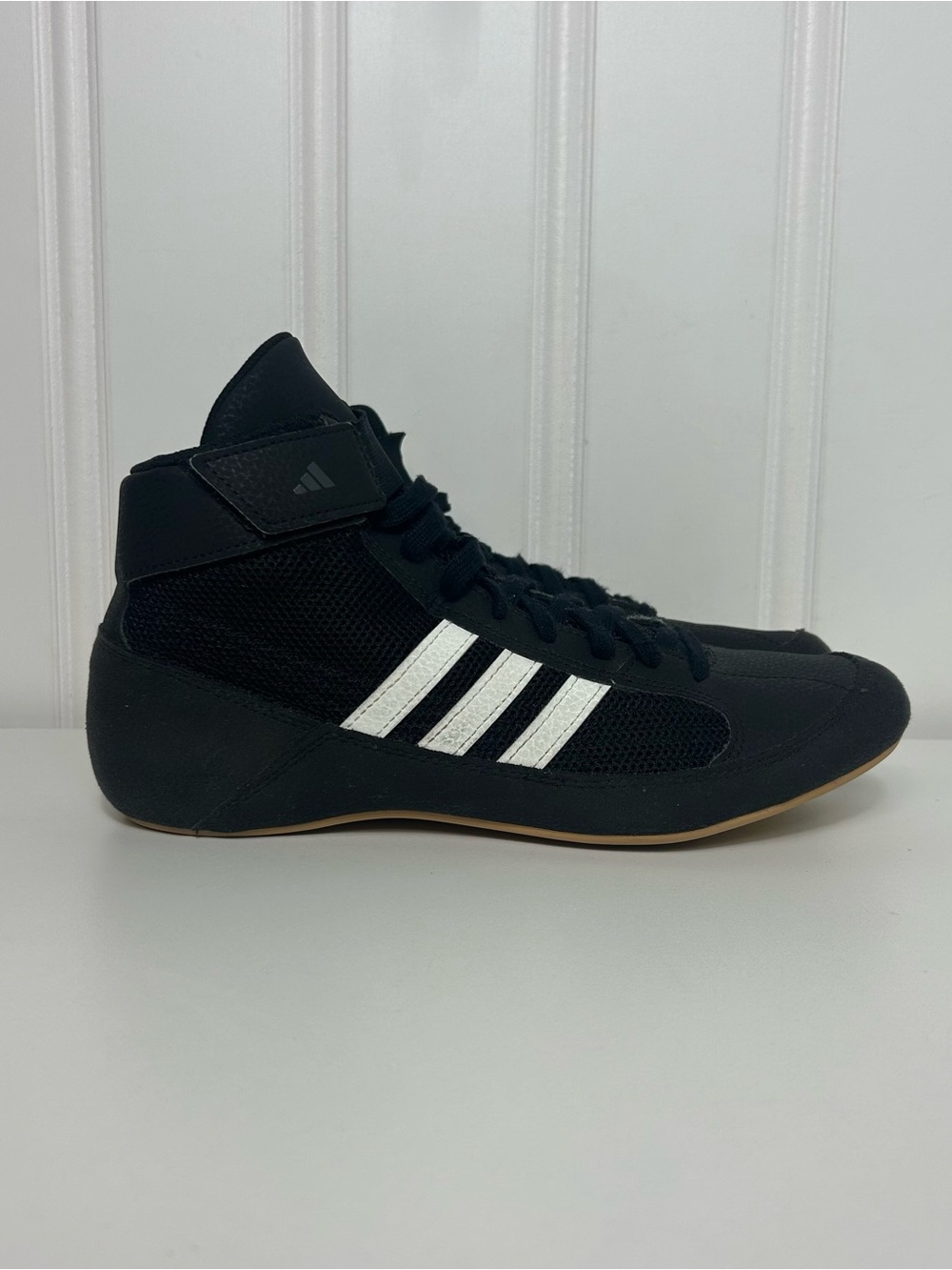 adidas hvc Black Wrestling Shoes with White Stripes and Gum Sole men’s 7.5